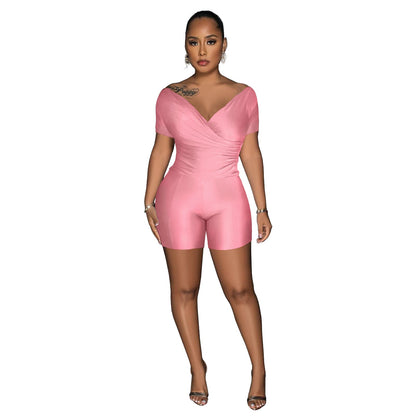 Women Clothing Supply Solid Color Reflective Pleated V neck Blouse Pants Two Piece Sets