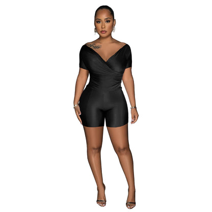 Women Clothing Supply Solid Color Reflective Pleated V neck Blouse Pants Two Piece Sets