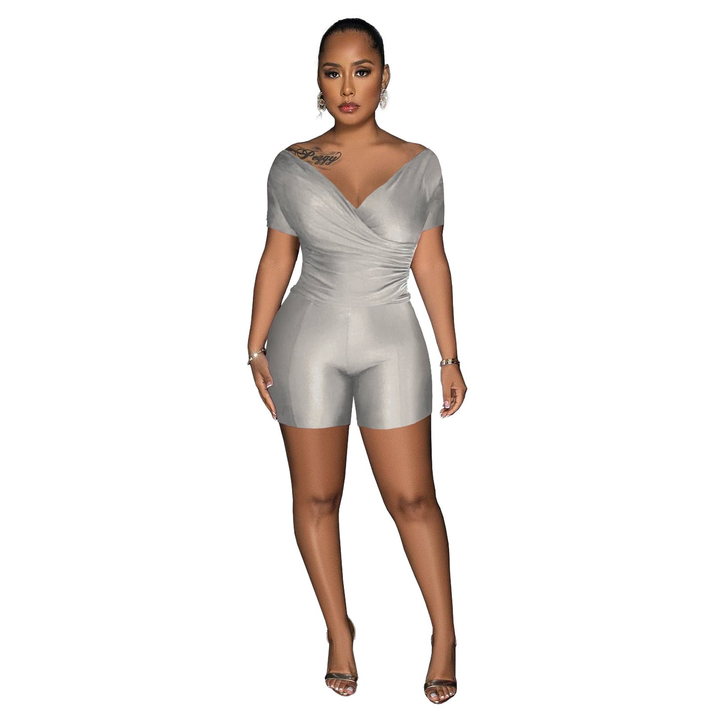 Women Clothing Supply Solid Color Reflective Pleated V neck Blouse Pants Two Piece Sets