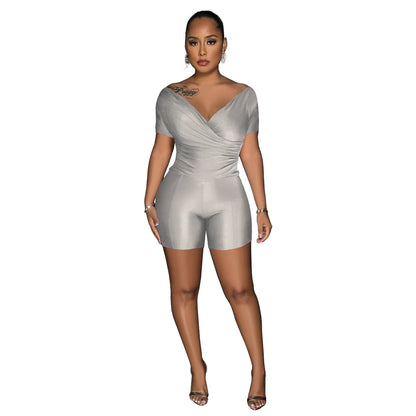 Women Clothing Supply Solid Color Reflective Pleated V neck Blouse Pants Two Piece Sets