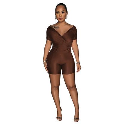 Women Clothing Supply Solid Color Reflective Pleated V neck Blouse Pants Two Piece Sets