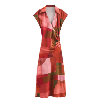 Spring Women Clothing Geometric Abstract Printed Silk Satin Texture Dress