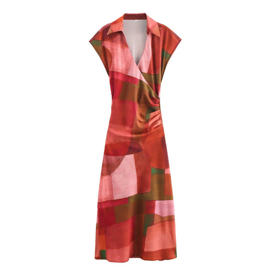 Spring Women Clothing Geometric Abstract Printed Silk Satin Texture Dress