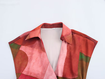 Spring Women Clothing Geometric Abstract Printed Silk Satin Texture Dress