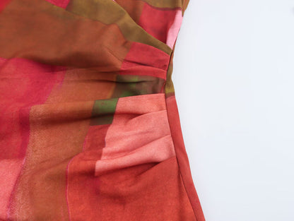 Spring Women Clothing Geometric Abstract Printed Silk Satin Texture Dress