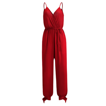 Spring Summer Sexy Backless Tether Deep V Plunge Plunge neck Strap Long Conjoined Trousers