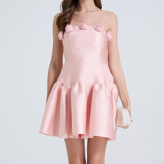 Ladies Elegant Three Dimensional Flower Waist Solid Color Strapless Little Dress