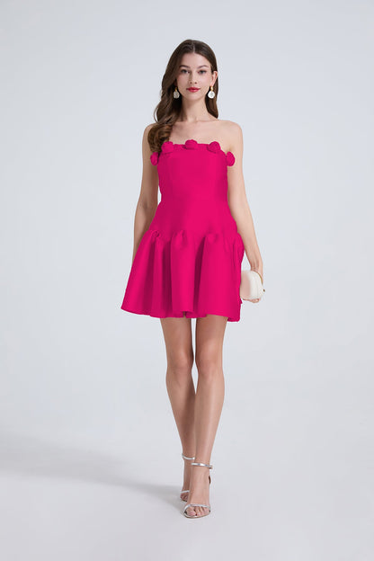 Ladies Elegant Three Dimensional Flower Waist Solid Color Strapless Little Dress