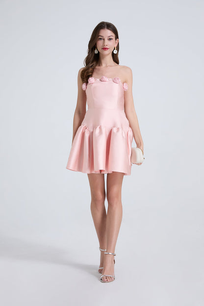 Ladies Elegant Three Dimensional Flower Waist Solid Color Strapless Little Dress