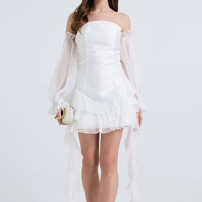 Women Elegant One Line Shoulder Strapless Little Dress With Pinched Waist