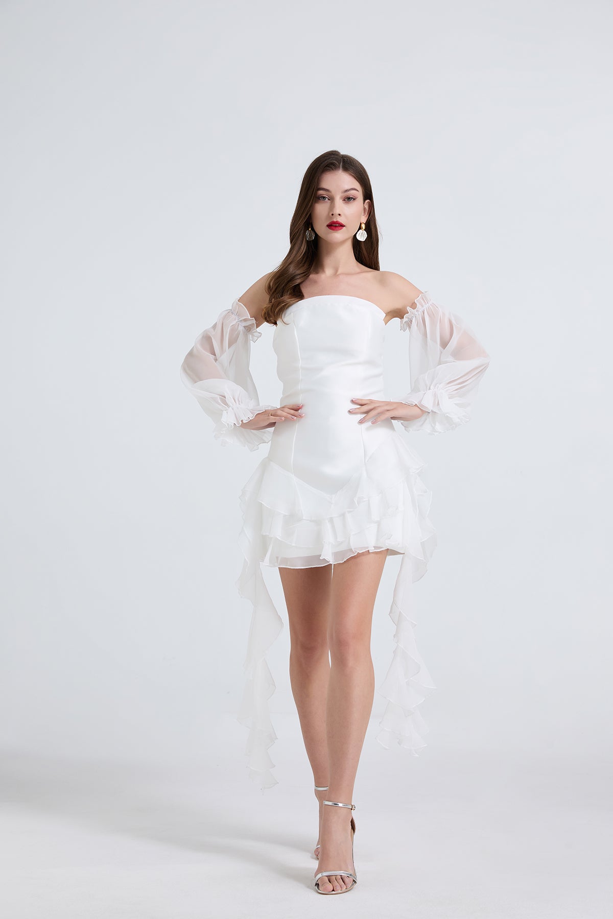 Women Elegant One Line Shoulder Strapless Little Dress With Pinched Waist