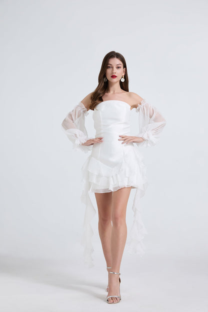 Women Elegant One Line Shoulder Strapless Little Dress With Pinched Waist