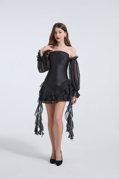 Women Elegant One Line Shoulder Strapless Little Dress With Pinched Waist