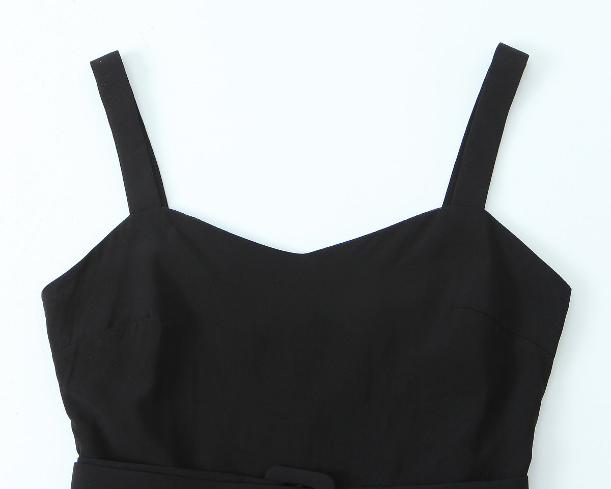 Spring Retro V neck Suspender Sleeveless Dress French Special Interest Design High Waist with Belt Slim Fit A line Dress