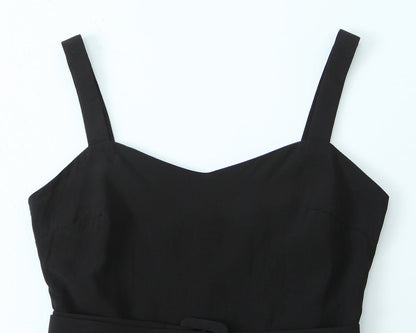 Spring Retro V neck Suspender Sleeveless Dress French Special Interest Design High Waist with Belt Slim Fit A line Dress