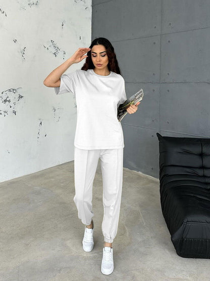 Summer Solid Color round Neck Short Sleeves Pullover Women Casual Ankle Banded Pants
