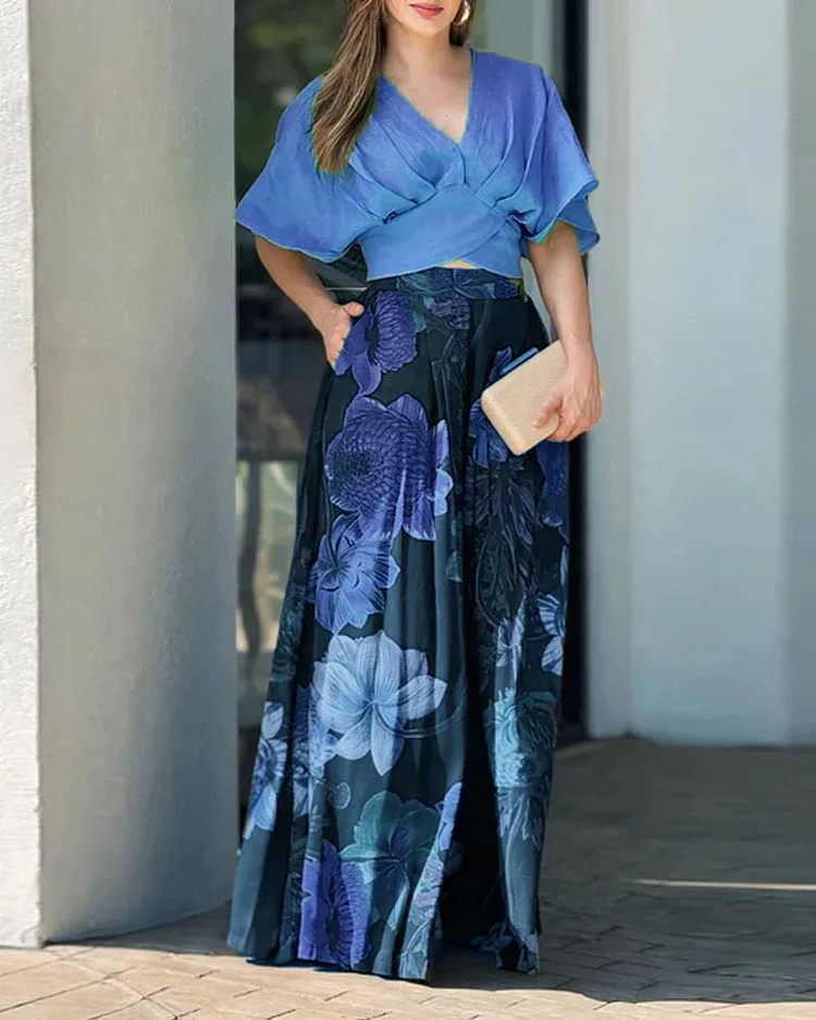Women Casual V neck Loose Printed Two Piece Sets