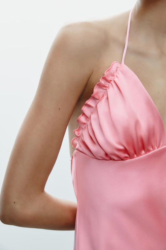 Spring Summer Sexy Suspender Silk Satin Texture Halter Dress