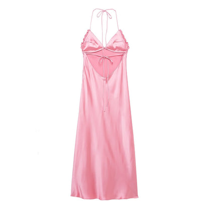 Spring Summer Sexy Suspender Silk Satin Texture Halter Dress