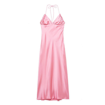 Spring Summer Sexy Suspender Silk Satin Texture Halter Dress