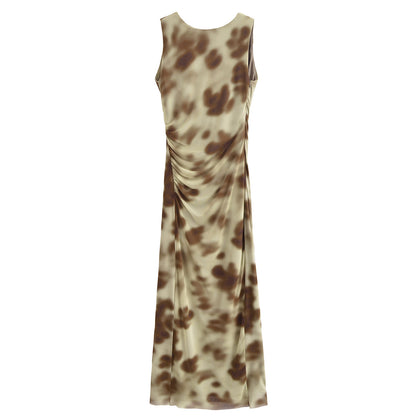 Women Pleated Silk Net Printing Midi Dress