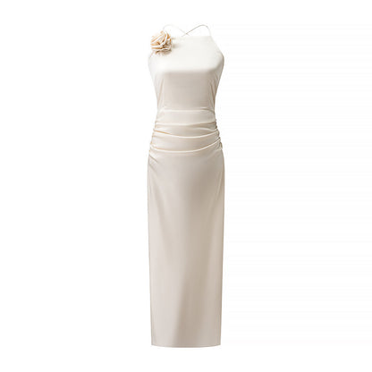 Spring Summer Women Fashionable Elegant Sexy Fitted Waist Pleated Rose Sling Dress