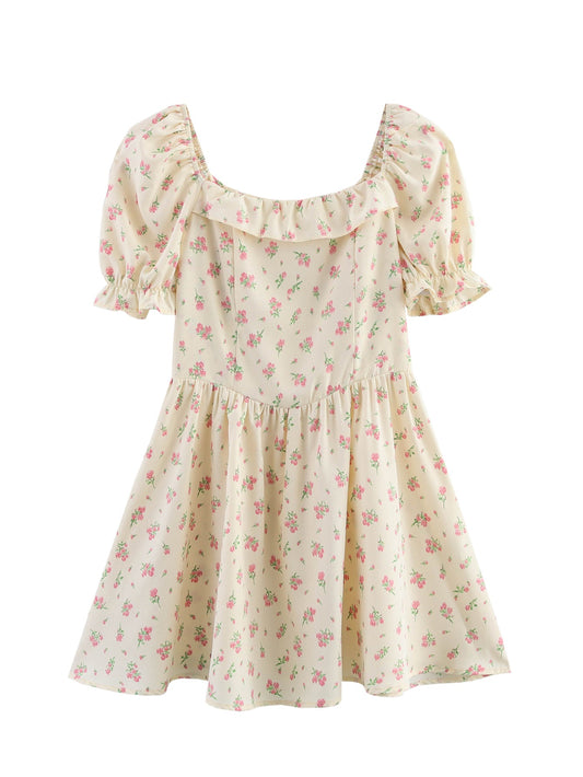 Spring Women Clothing Ruffled Short Sleeves Floral Dress
