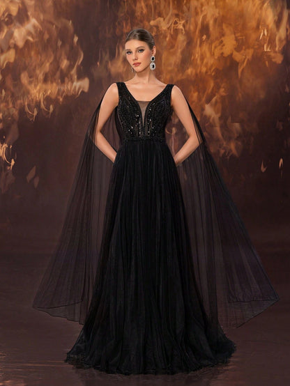 Ladies Cocktail Evening Dress Advanced Elegant Handmade Beaded Mesh Wide Hem Maxi Dress Formal Dress