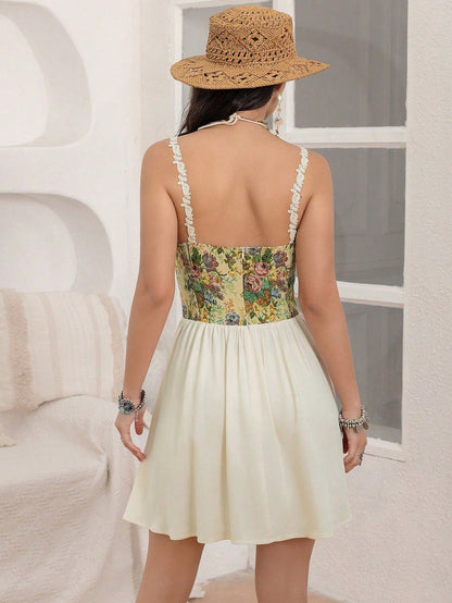 All Matching Waist Trimming Spaghetti Straps Retro Dress