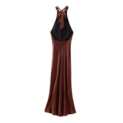 Spring Sexy Backless Silk Satin Texture Dress Hanging Collar Maxi Dress
