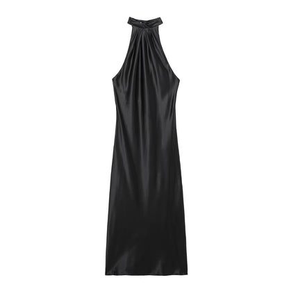 Spring Sexy Backless Silk Satin Texture Dress Hanging Collar Maxi Dress