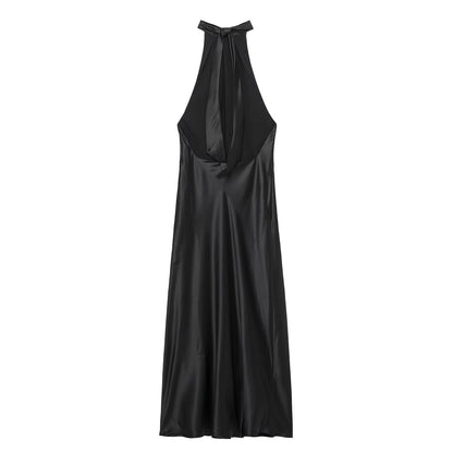 Spring Sexy Backless Silk Satin Texture Dress Hanging Collar Maxi Dress
