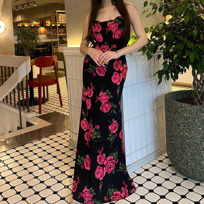 Spring Maxi Dress Sexy Spaghetti Strap Floral Print Backless Lace up Dress