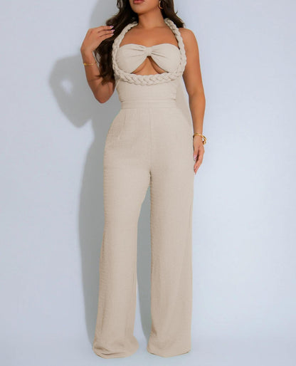 High Waist Design Woven Spaghetti Straps Sleeveless Loose Straight One Piece