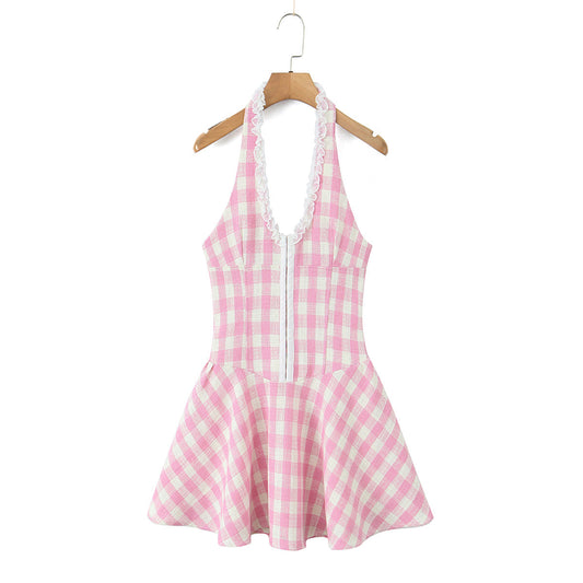 Sweet Plaid V neck Halter Slim Waist Dress Summer Floral Edge Stitched Backless Short Mini Dress