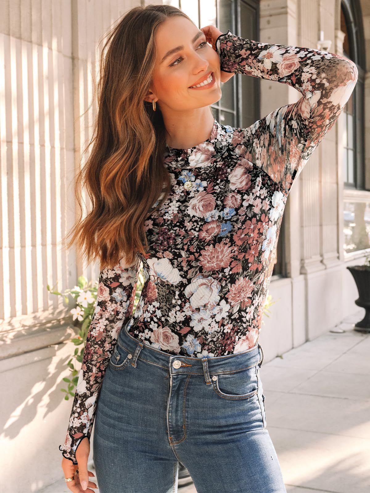 Women Half High Collar Long Sleeves T shirt Sexy Mesh Floral Print Top