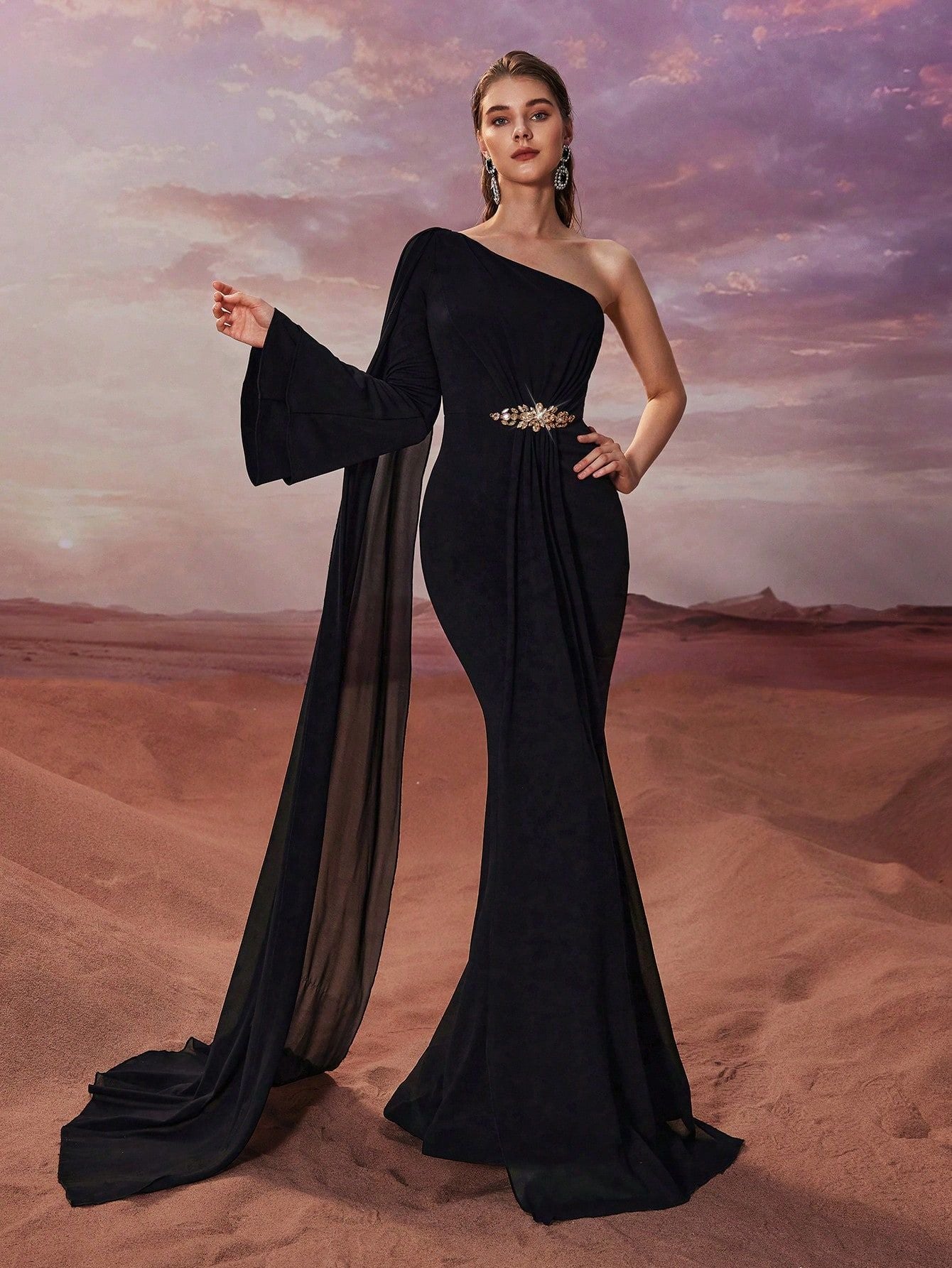 Women Evening Dresses Elegant Graceful One Shoulder Chiffon Super Long Sleeve Applique Fishtail Dress