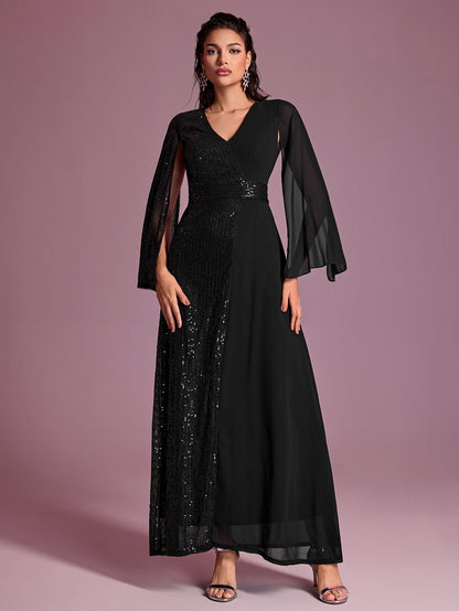 Women Prom Evening Dress Sequin Stitching V neck Split Long Sleeve Party Evening Dress