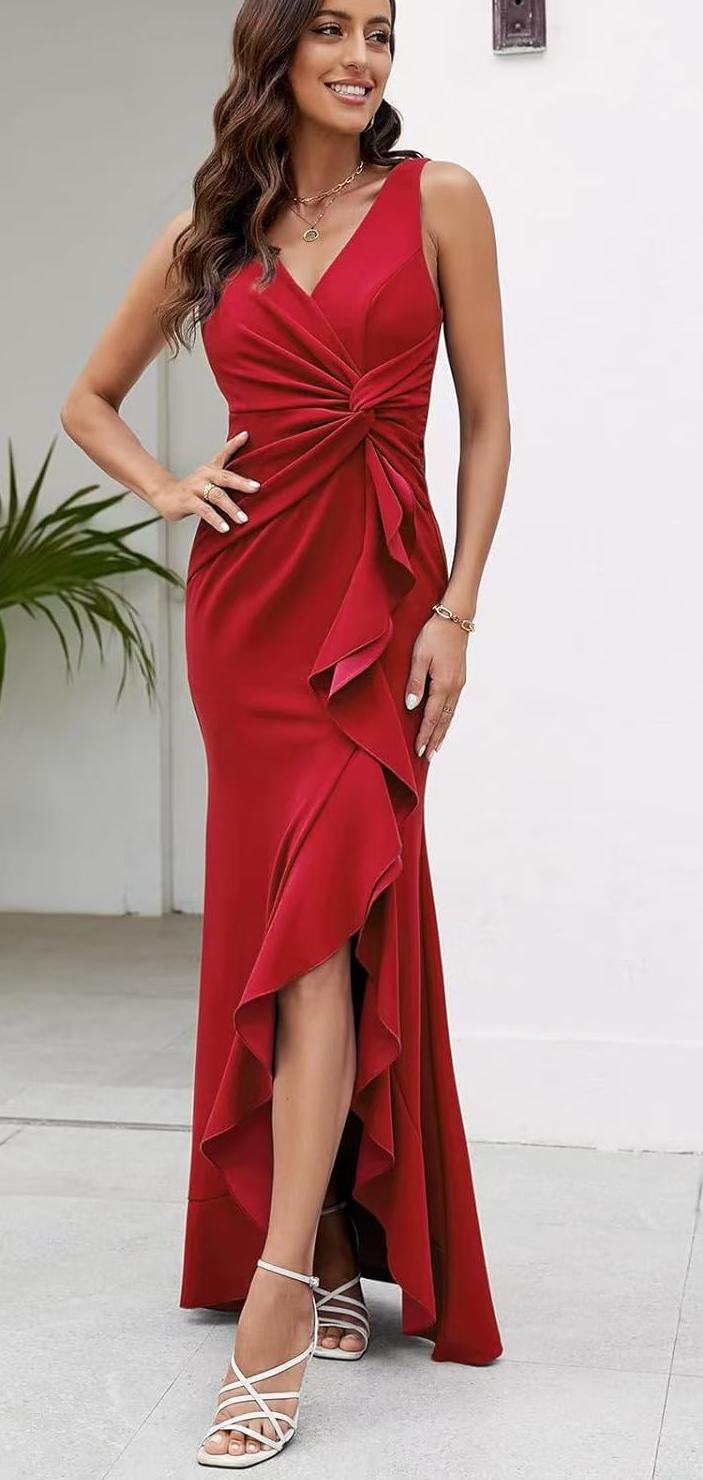 V neck Sleeveless Slim Fit Elegant Ruffled Split Long Evening Dress