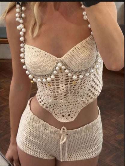 Spring Summer Sexy Solid Color Crop Top Spaghetti Strap Beaded Top Short Sets