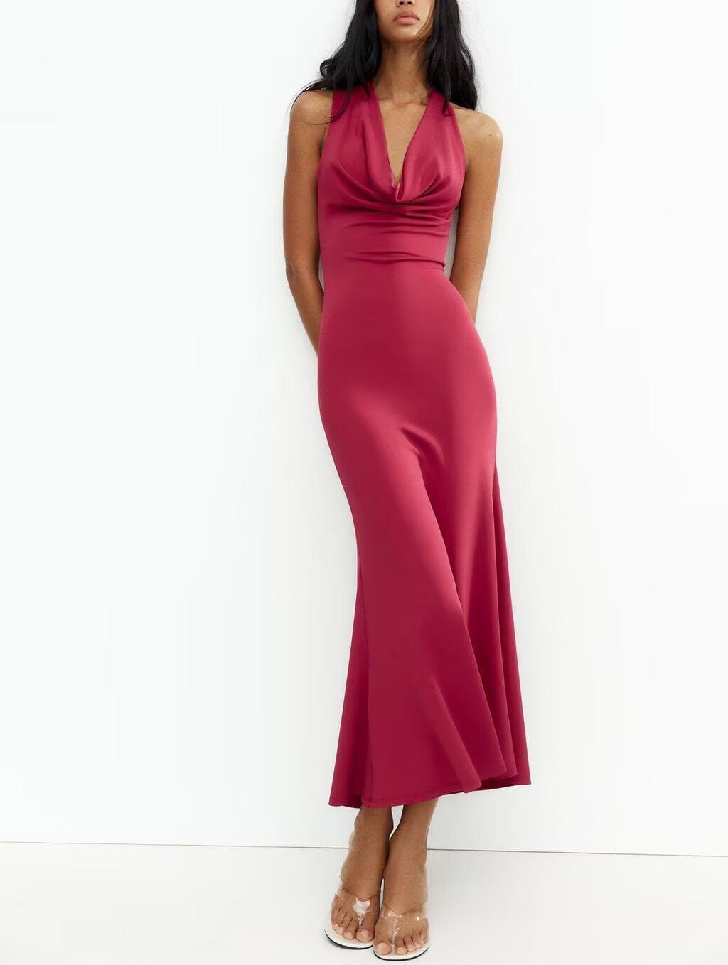 Women Clothing Spring Elegant High Grade Rose Red Dress