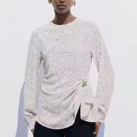 Women Clothing Spring Summer Polka Dot Belt Metal Buckle Lace-up round Neck Long Sleeve Top