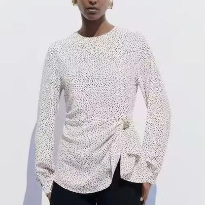 Women Clothing Spring Summer Polka Dot Belt Metal Buckle Lace-up round Neck Long Sleeve Top