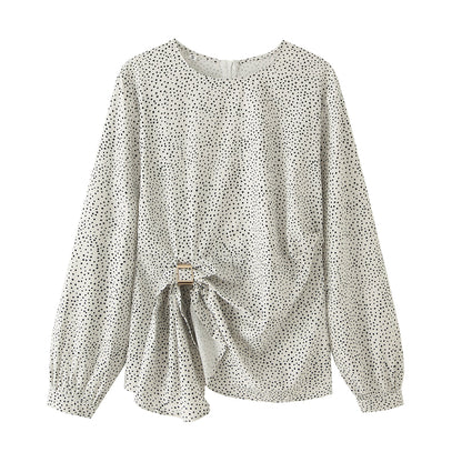 Women Clothing Spring Summer Polka Dot Belt Metal Buckle Lace-up round Neck Long Sleeve Top