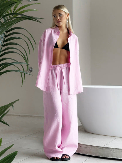 Cotton Shirt Trousers Spring Summer Loose Long Sleeve Shirt Casual Two Piece Sets Women
