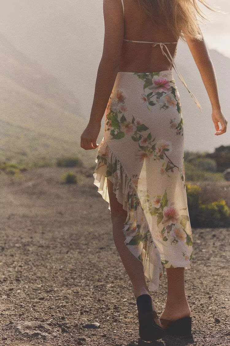 Sexy Big Backless Laminated Decoration Printing Dress Summer Asymmetric