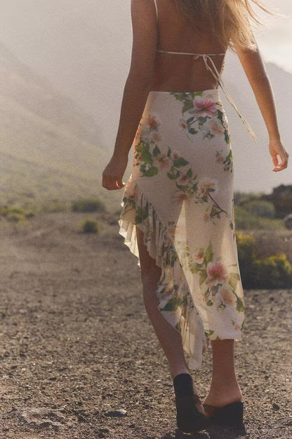 Sexy Big Backless Laminated Decoration Printing Dress Summer Asymmetric