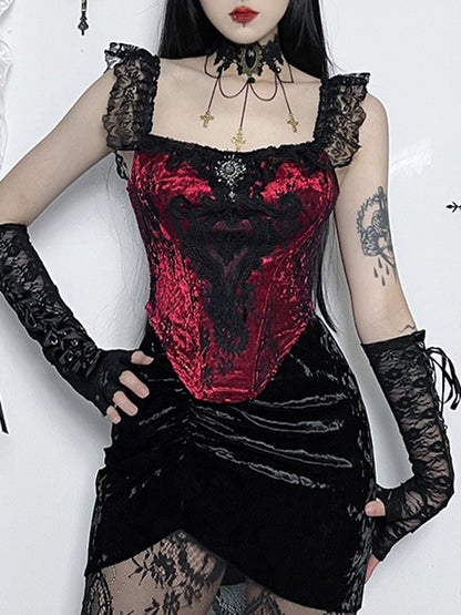 Vintage Lace Velvet Splice Irregular Hem Corset Top