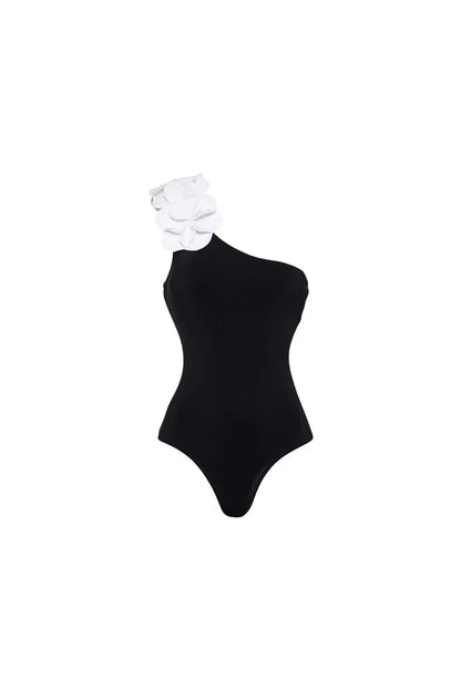 3D Floral One-Shoulder Black Swimsuit