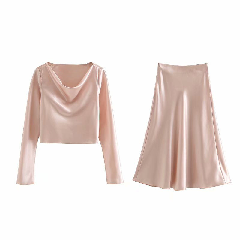 Women Clothing Summer Satin Long Sleeve Shirt Waist Mid Length Dress Set